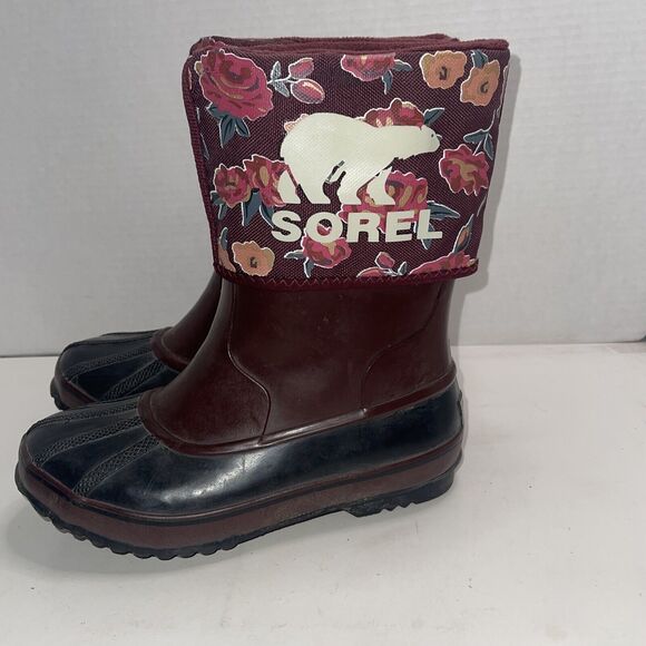 Sorel Maroon Floral Waterproof Slip-On Snow Boots Size 3 Fleece Lined - Picture 7 of 9